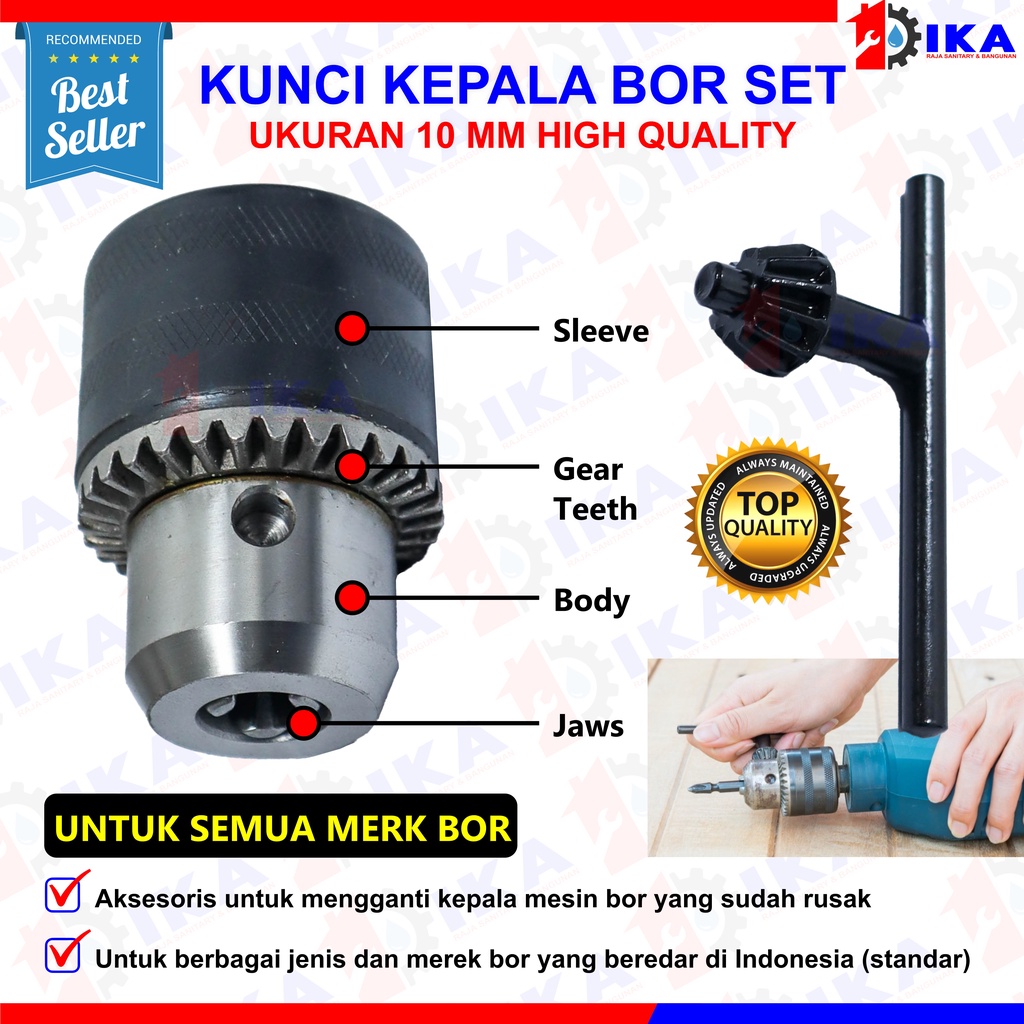 kepala bor 10mm plus kunci bor / Kepala Bor / Drill Chuck 1,5 - 10 mm + Kunci 10 mm