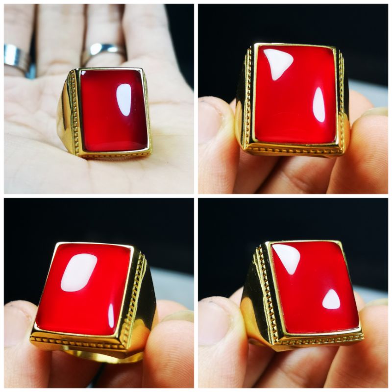 CINCIN BATU AKIK CEMPAKA MERAH CHALCEDONY KOTAK RING TITANIUM ELEGANT