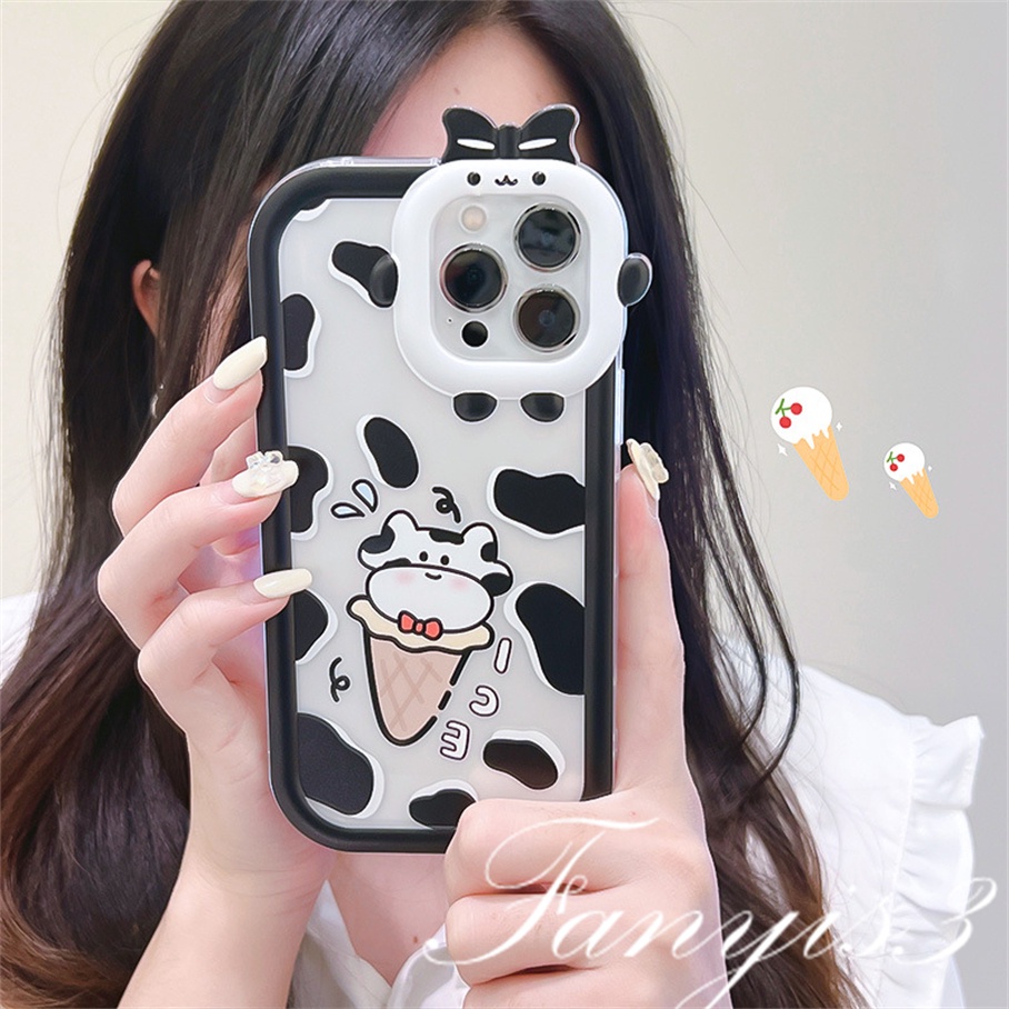 Compatible For iPhone 14 13 12 11 Pro Max X XR Xs Max 8 7 6 6s Plus SE 2020 Kompatibel Untuk Lucu Es Krim Sapi Monster Kecil Lensa Ponsel Case Bening Soft Cover