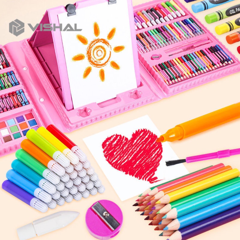 VISHAL Crayon Anak Pengasah 208pcs Set Alat Menggambar Melukis Anak-anak Crayon Cat Air Pensil VS-1859