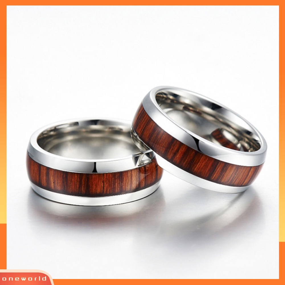 {oneworld} Us 7-10 Fashion Pria Wanita Baja Titanium Hias Kayu Band Cincin Pasangan Hadiah