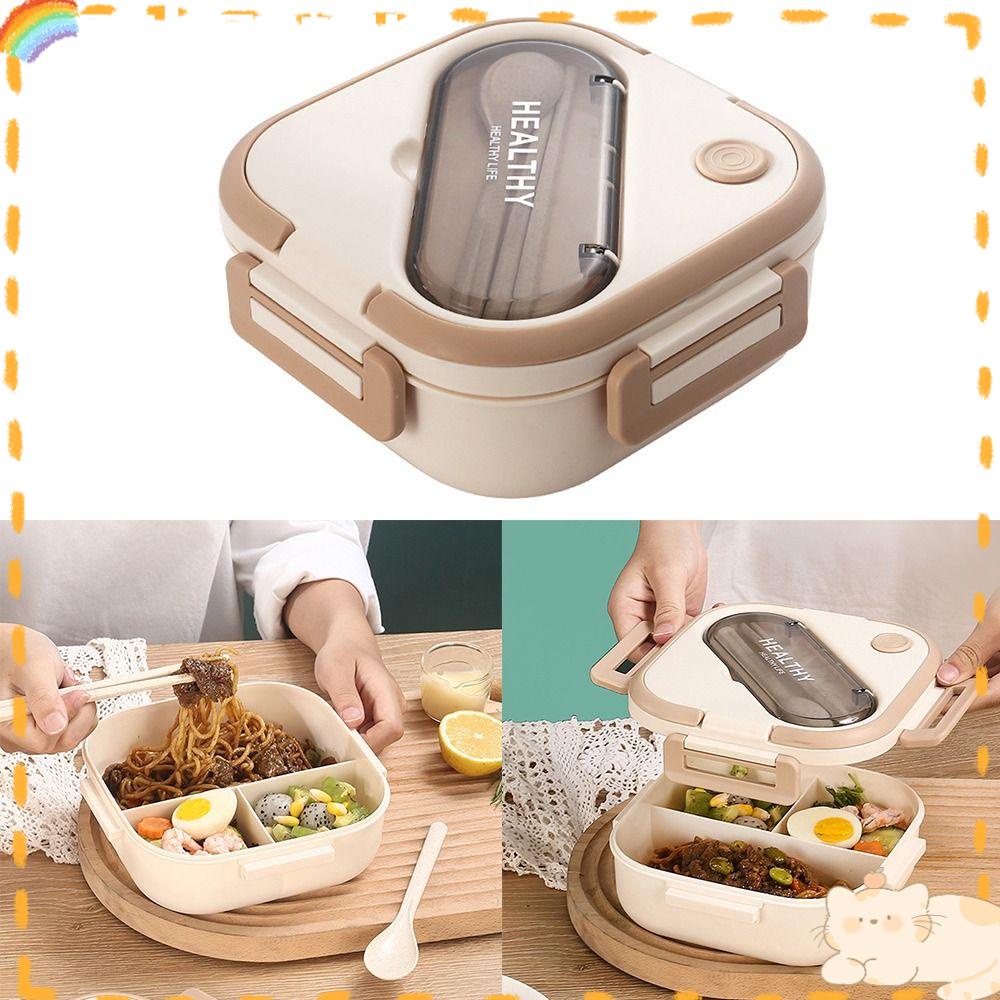 Solighter Lunch Box Microwavable Persegi Panjang Grid Dengan Sendok Wadah Makanan