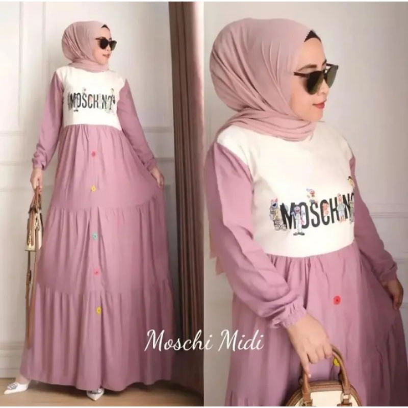 Baju Gamis CREPE Sablon Wanita MOSCHINO Dewasa Terbaru