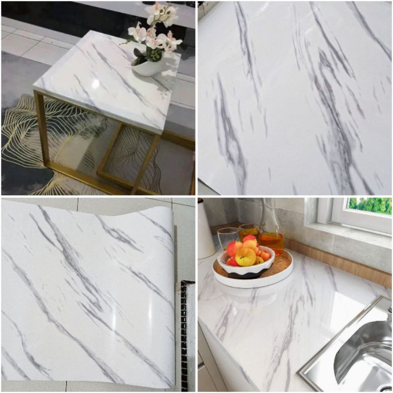 (60cm x 5 METER) wallpaper sticker MENGKILAP glossy marmer putih abu garis stiker perabot lemari rak