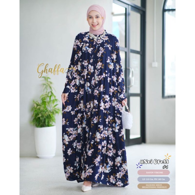 NOI DRESS #4 BY GHAFFA THE LABEL / GAMIS NAVY MOTIF MUSLIMAH / Dress wanita rayon viscose
