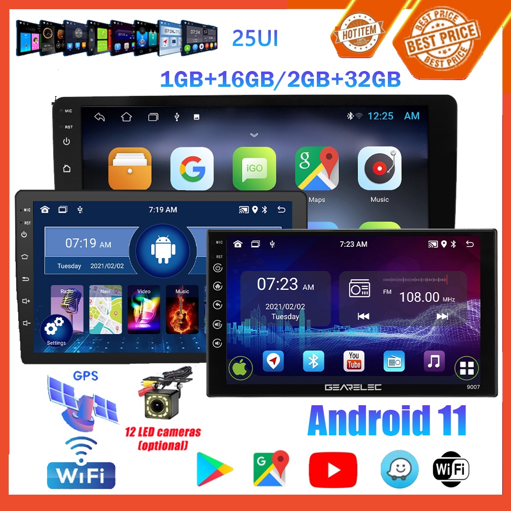 【GEARELEC】 GEARELEC 7/9/10 Inch Android 11 Mobil Stereo Radio 1GB RAM 16GB ROM / 2GB RAM 32GB ROM Bluetooth WiFi GPS Youtube Navigasi Head Unit dengan 2.5D IPS Screen 25 Pilihan Tema