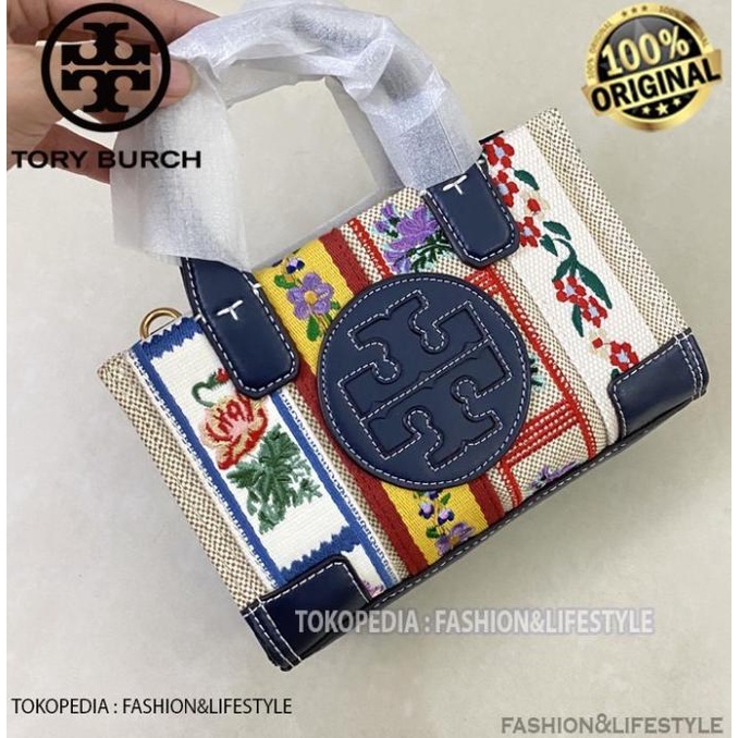 (100% ORIGINAL) TAS TORY BURCH ELLA WEBBING PATCHWORK MICRO TOTE