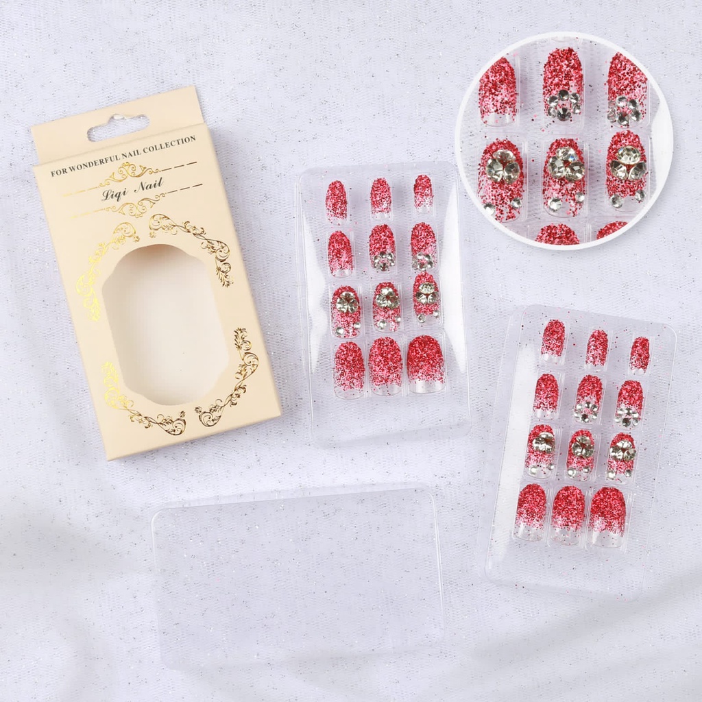 Wedding party fake nail Clear Rhinetone Flower Kuku Palsu 3D + LEM dibalik kuku