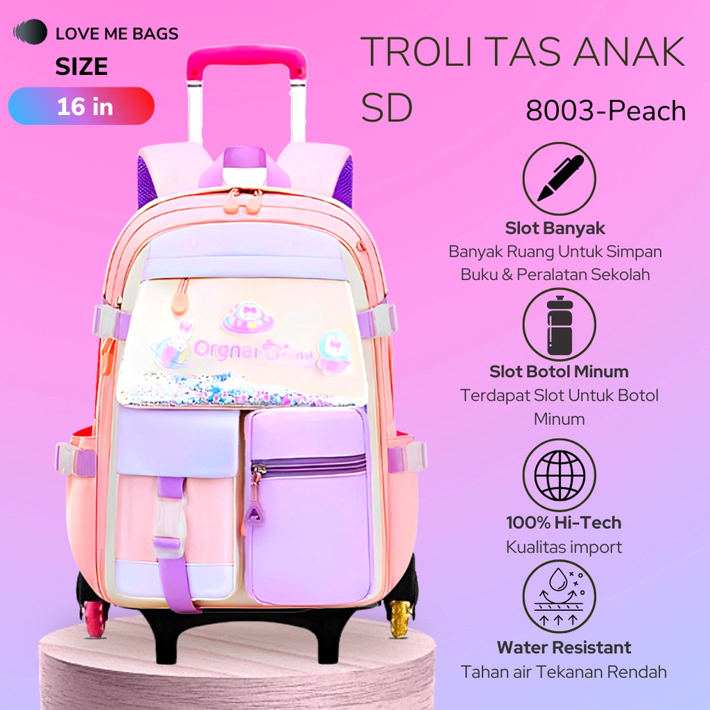 Tas Troli Roda 3 Anak Sekolah Perempuan SD Remaja Import Bisa Lepas Pasang Bahan Parasut Import Tebal Gratis Raincover