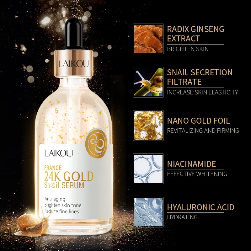 LAIKOU 24K Gold Snail Facial Serum Memudarkan Garis-garis Halus Kerutan Anti-aging Mengurangi Kulit Kusam 100ml