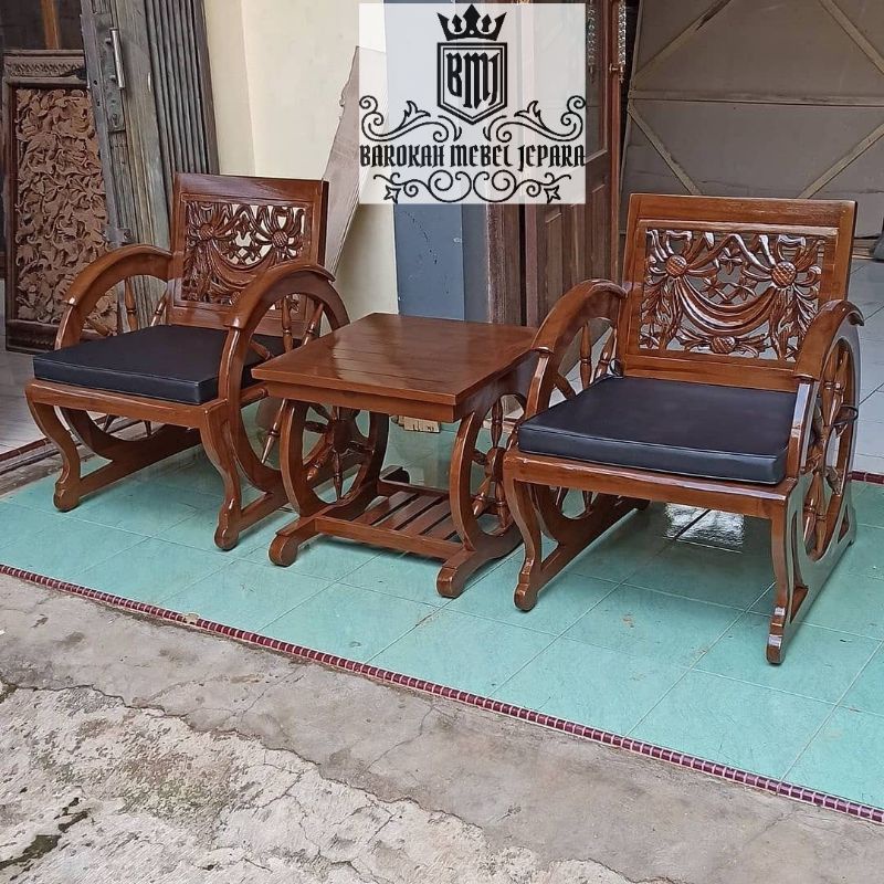 kursi teras outdoor antik jati dudukan plus busa plus kaca meja
