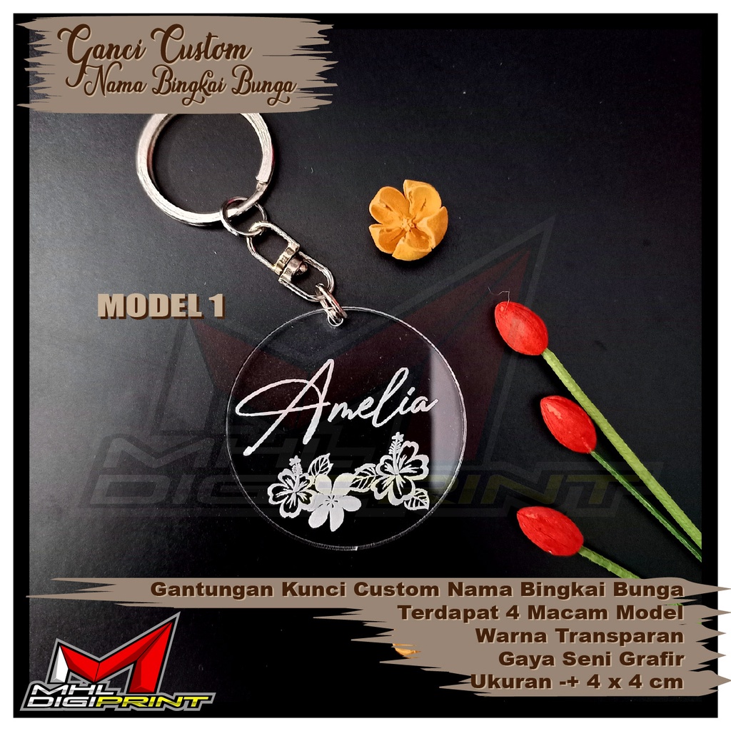 GANTUNGAN KUNCI AKRILIK CUSTOM NAMA BINGKAI BUNGA - GANTUNGAN KUNCI CUSTOM - SEHARI JADI - TANPA MINIMAL ORDER - GANTUNGAN KUNCI AKRILIK