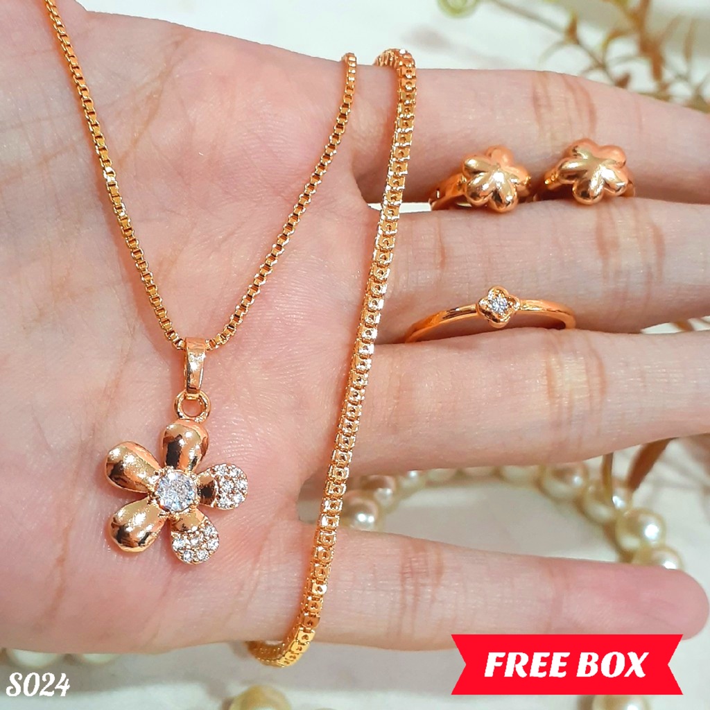 PGX Set Perhiasan Xuping Cincin Gelang Kalung Anting Lapis Emas - S024