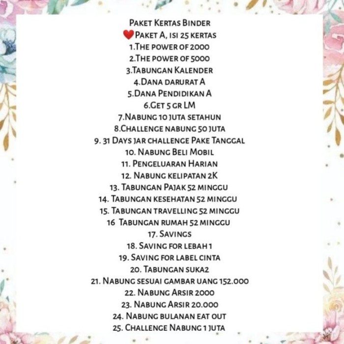 

Kertas Paket Kertas Binder Budgeting A6 - 6Ring