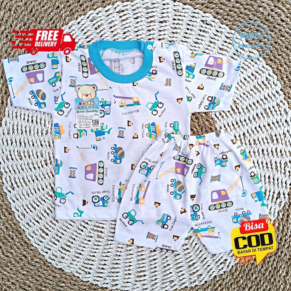 Setelan Baju Bayi Pendek 3 - 12 Bulan merk SNI BOLO - BOLO motif BIG EXCAVATOR BULLDOZER TRUCK