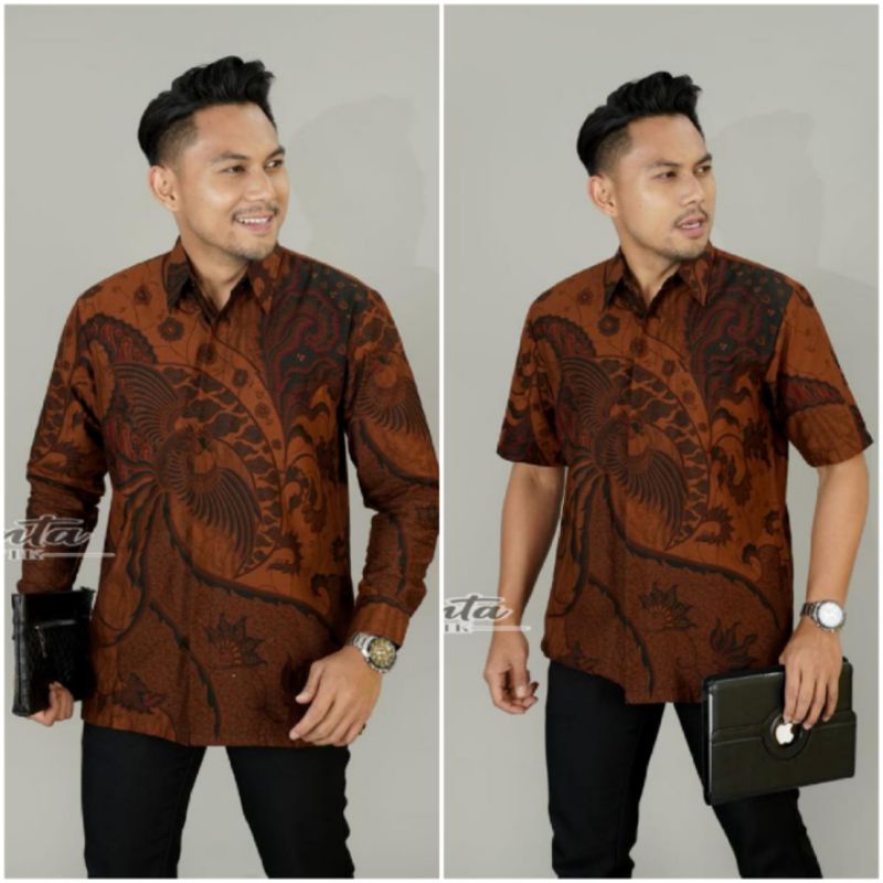 Batik kemeja pria lengan pendek &amp; panjang bahan katun baturaden reguler coklat sogan