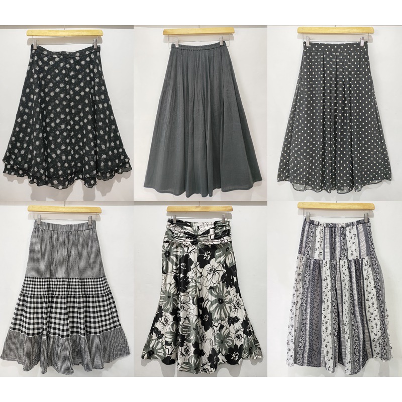 Rok vintage sifon bunga kotak gingham polkadot kombinasi plisket rampel