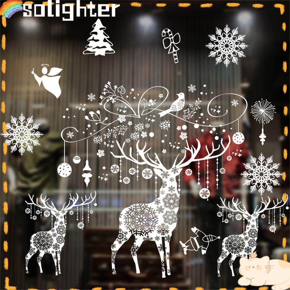 Solighter Statis Stiker Salju Santa Claus Xmas Elk Snowman Jendela Toko Putih Decal