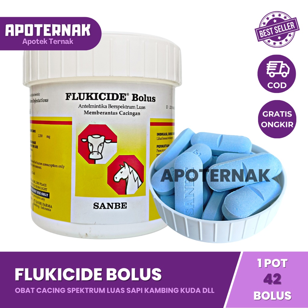 FLUKICIDE 42 BOLUS | Albendazole Obat Cacing Spektrum Luas Untuk Sapi Kambing Kuda dan Hewan Besar Lain | SANBE