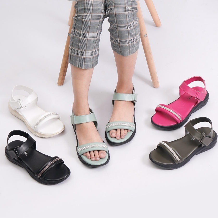 SARASARA YUK - MAYA Sepatu Sandal Wanita Size 36 - 40 Sendal Wedges Sara Model Blink Tali Strap Belakang Hak Tinggi Sole 4cm Sandal Gunung Velcro 37 38 39 Warna Army Hijau Belleza Kekinian Premium Terbaru Shoes Ori Original Mall Official Store