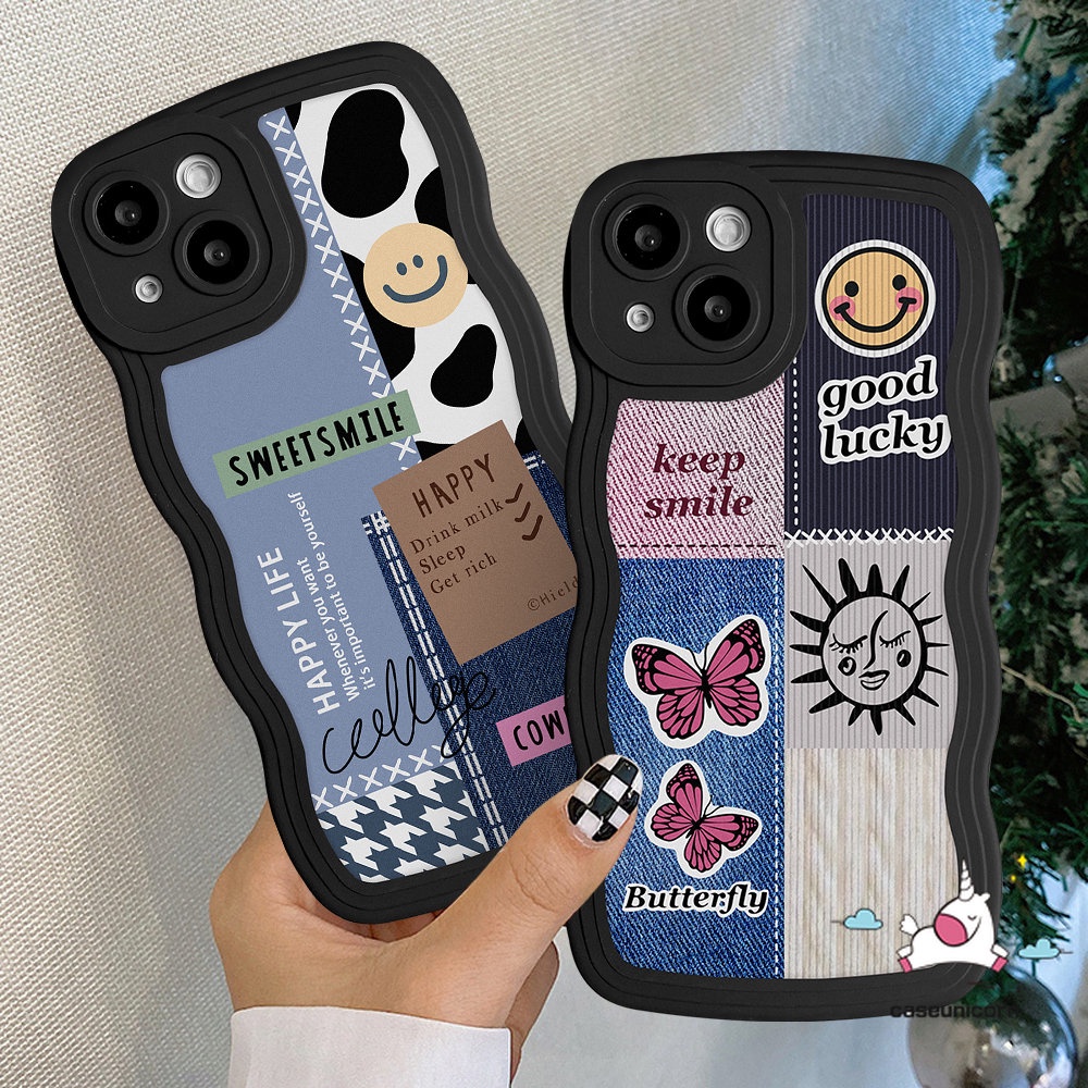 Smile Casing Realme C55 C15 C12 C53 C21Y C20 C35 C25S 5 6i 5i 5S 9 Pro+C25Y C3 C11 C20A C25 C17 C33 C30 7 7i 8 8Pro 8i Wavy Edge Cowboy Splicing Label Butterfly Soft Case