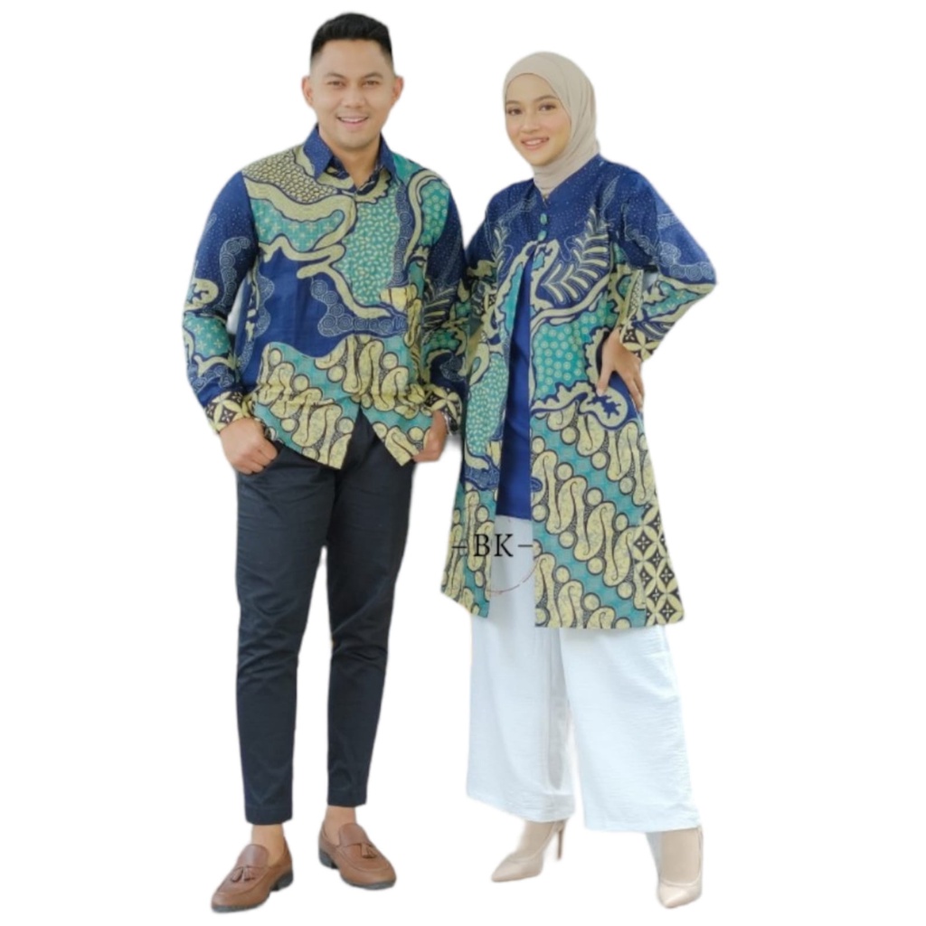Baju Couple Atasan Kemeja Tunik Bolero Batik Motif Bianca Biru Seragam Kerja Kantor Guru Pria Wanita