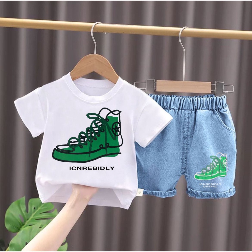 SETELAN BAJU ANAK MOTIF SEPATU TALI DENIM PAKAIAN ANAK LAKI-LAKI DAN PEREMPUAN 1-5THN - FASHION ANAK TERBARU TERMURAH DAN TERLARIS