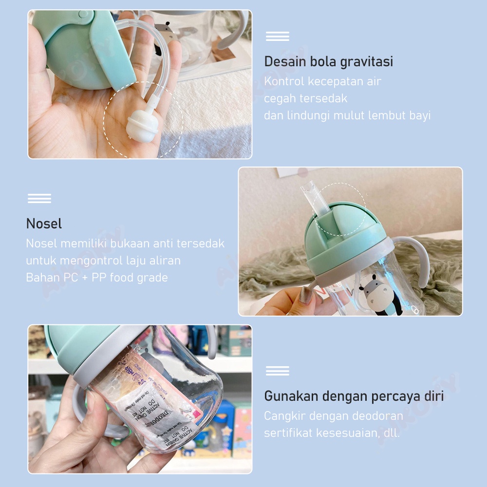 AIKOKY Botol Minum Anak Bayi Training Cup Sedotan Anti Tumpah dan Anti Pecah Baby Sippy Cup 250ML