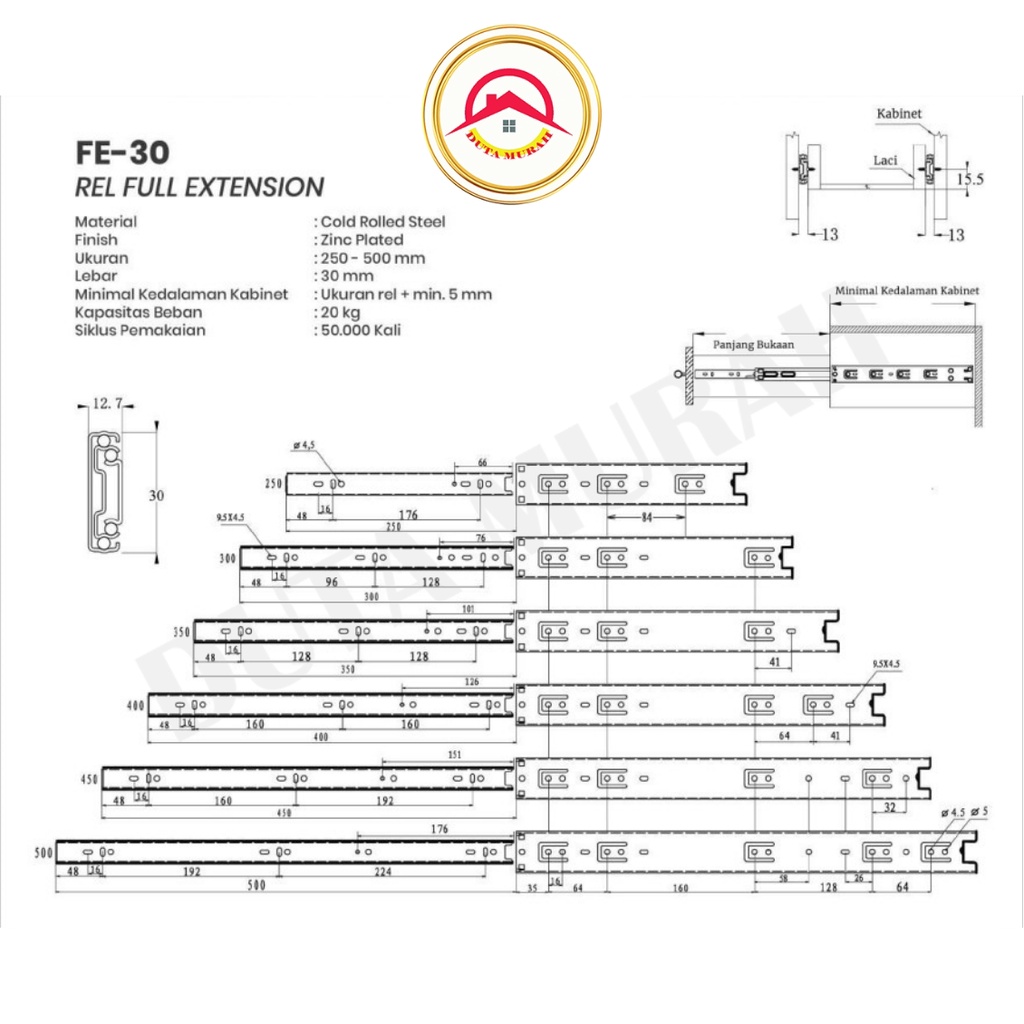 Rel Laci Huben FE 30 Full Extension Double Track 25 cm 30 cm 35 cm 40 cm 45 cm 50 cm
