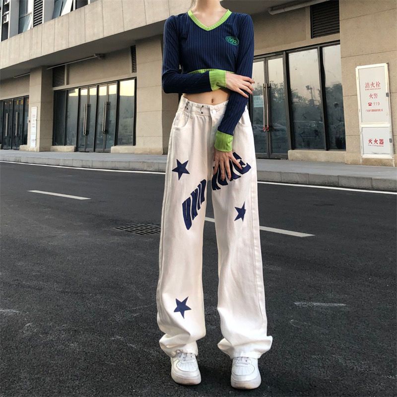 Red Celana jeans wanita gaya Amerika baru trendi all-match pinggang tinggi pelangsing longgar menutupi daging celana kasual kaki lebar lurus