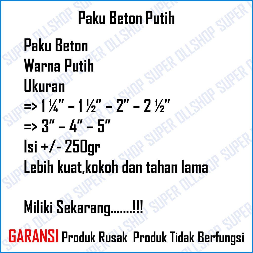 Paku Beton Cor Concrete Nail Putih 1.25 Inch 1.5 Inch 2 Inch 2.5 Inch 3 Inch 4 Inch 5 Inch 4 Cm 5 Cm 6 Cm 7 Cm