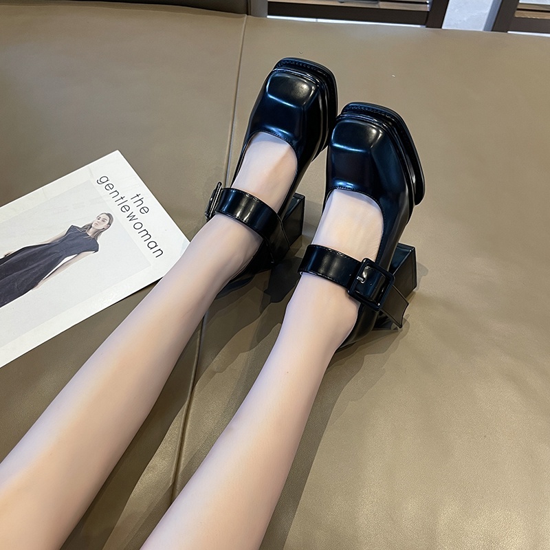 Sepatu Hak Tinggi Tahu Wanita Terbaru Korea Hitam Tali Gesper Murah Big Size Pointed Toe Black Mary Jane Platform Shoes Pump Chunky Block High Heels Import 9cm Elegan Modis - Ukuran 35 36 37 38 39 40 41 42 43