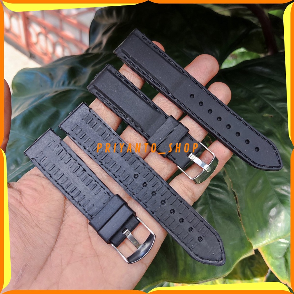 Strap Tali Jam Tangan Karet 20mm 22mm 24mm Rubber Jahit Hitam