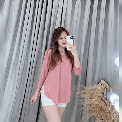 TERBARU Kaos Wanita V-Neck Polos Belah Samping Lengan Panjang - Maroon, All Size