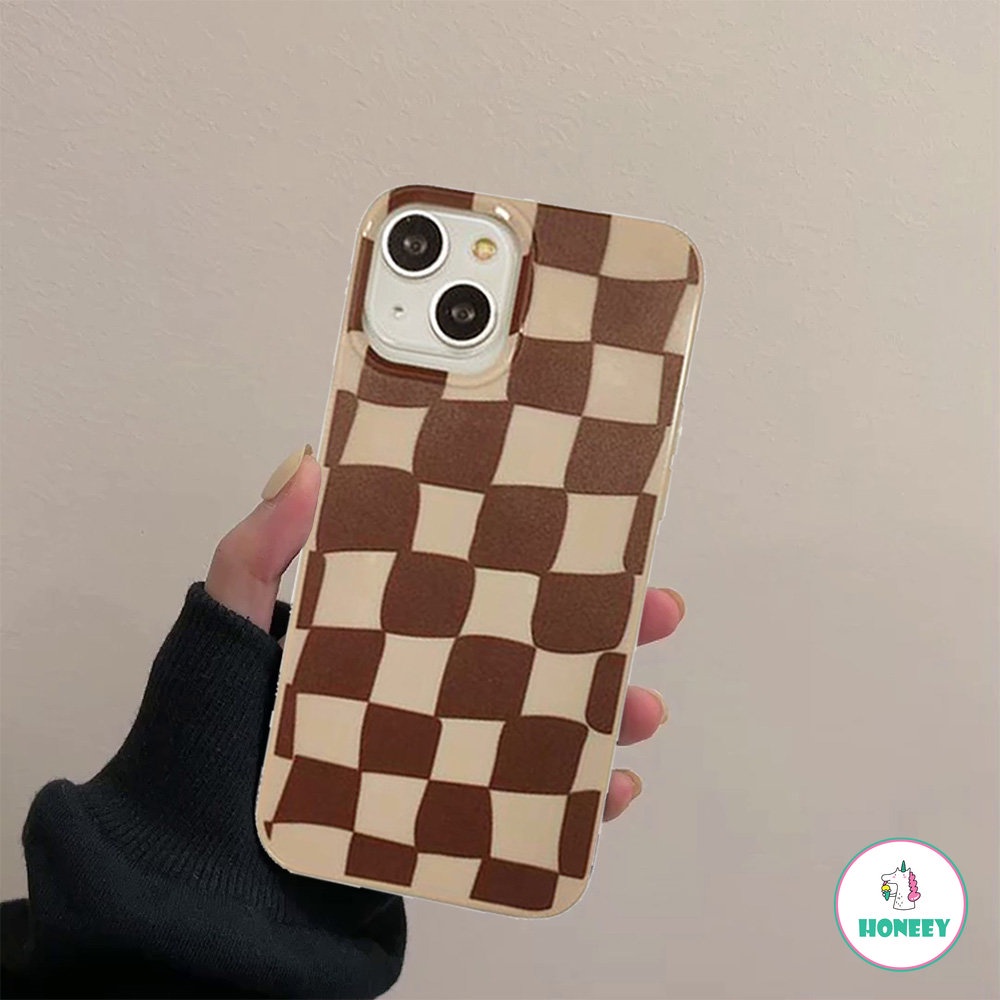 IPHONE Casing Ponsel Matte Grid Coklat Kopi Musim Dingin Kompatibel Untuk Iphone14 13 12 11 Pro Max Halus Tipis Lembut TPU Belakang Cover Handphone