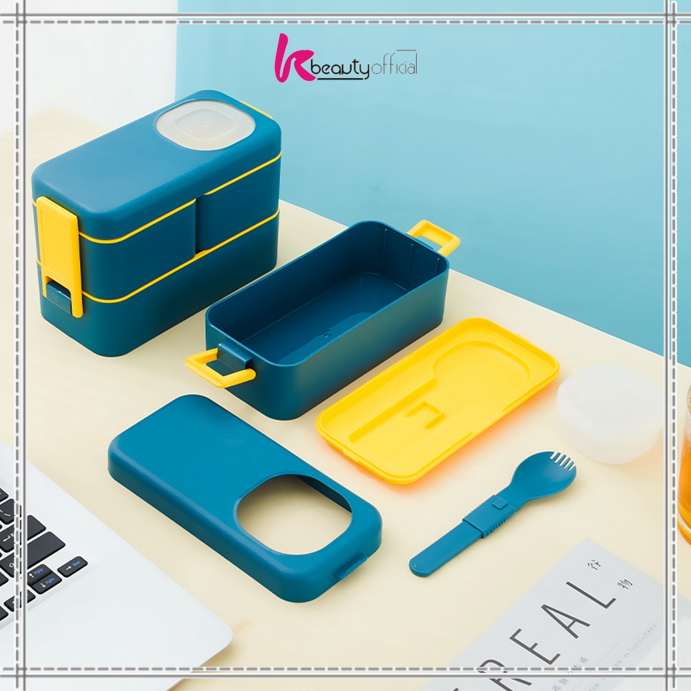 KB-C779 Kotak Makan 2 Tingkat Portable 1050ML Ada Sauce Cup / Lunch Box 2 Layer / Rantang Makanan Set Anti Tumpah