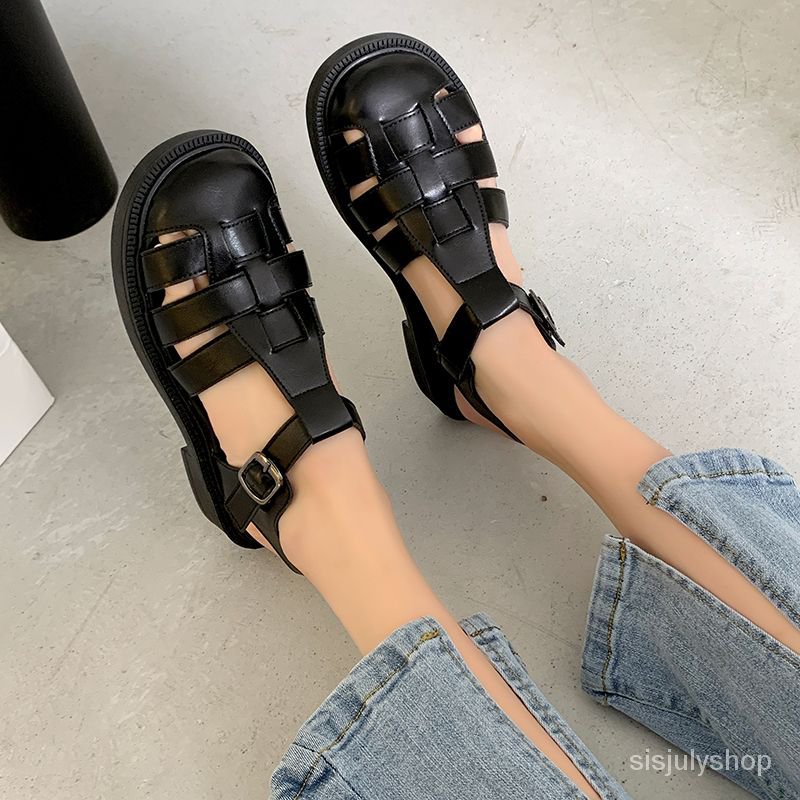 #Sisjuly# Sandal kepala tas wanita sandal baru sepatu piggyback sepatu datar wanita anyaman sepatu r