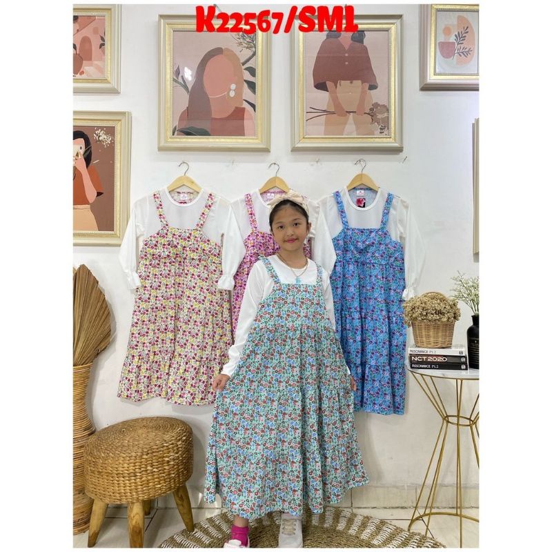 gamis anak overall menyatu motif bunga kecil kecil