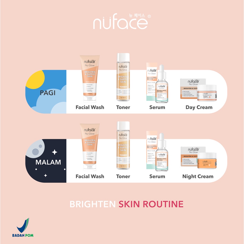 Nuface Nu Glow Brighten &amp; Supple Skin Series Facial Wash Day Night Cream Serum Toner / Perawatan Wajah Mencerahkan Melembutkan