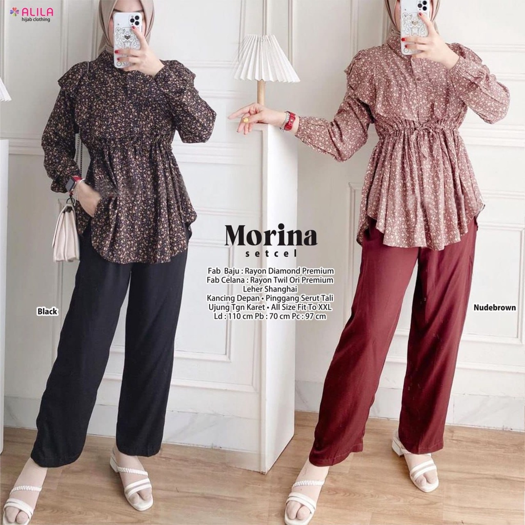 MORINA SETCEL BY ALILA SETELAN ONE SET SETCEL BLOUSE PANTS WANITA CASUAL MOTIF BUNGA BAHAN RAYON DIA
