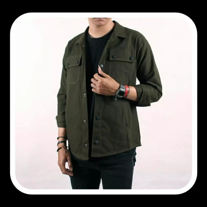 jaket pria jaket pria semi parka/Kanvas/Kemeja/Trucker/Casual - hijau army, M(H9A1) Jaket Pria Baseb