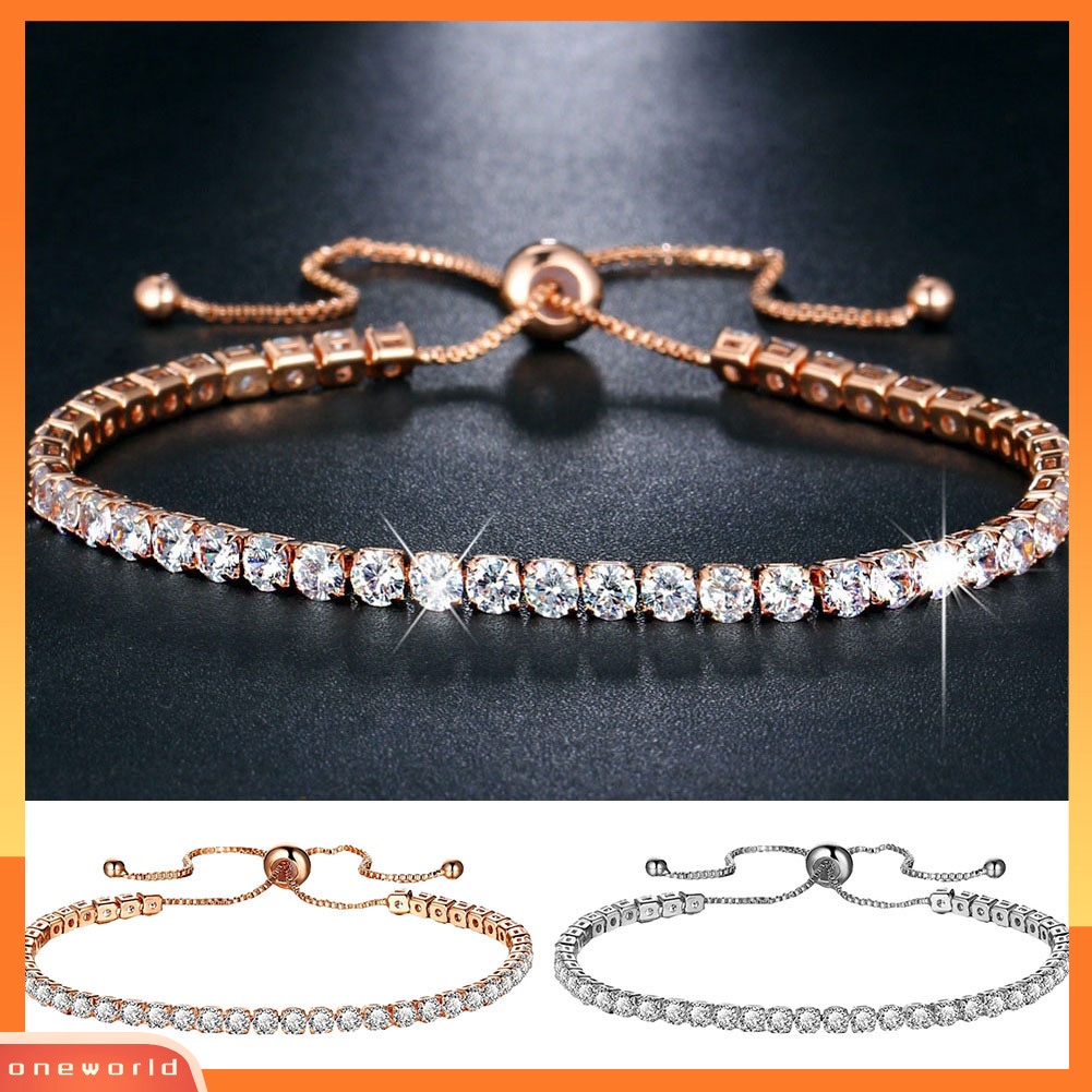 {oneworld} Mewah Cubic Zircon Baris Tunggal Tarik Slider Gelang Wanita Adjustable Bangle