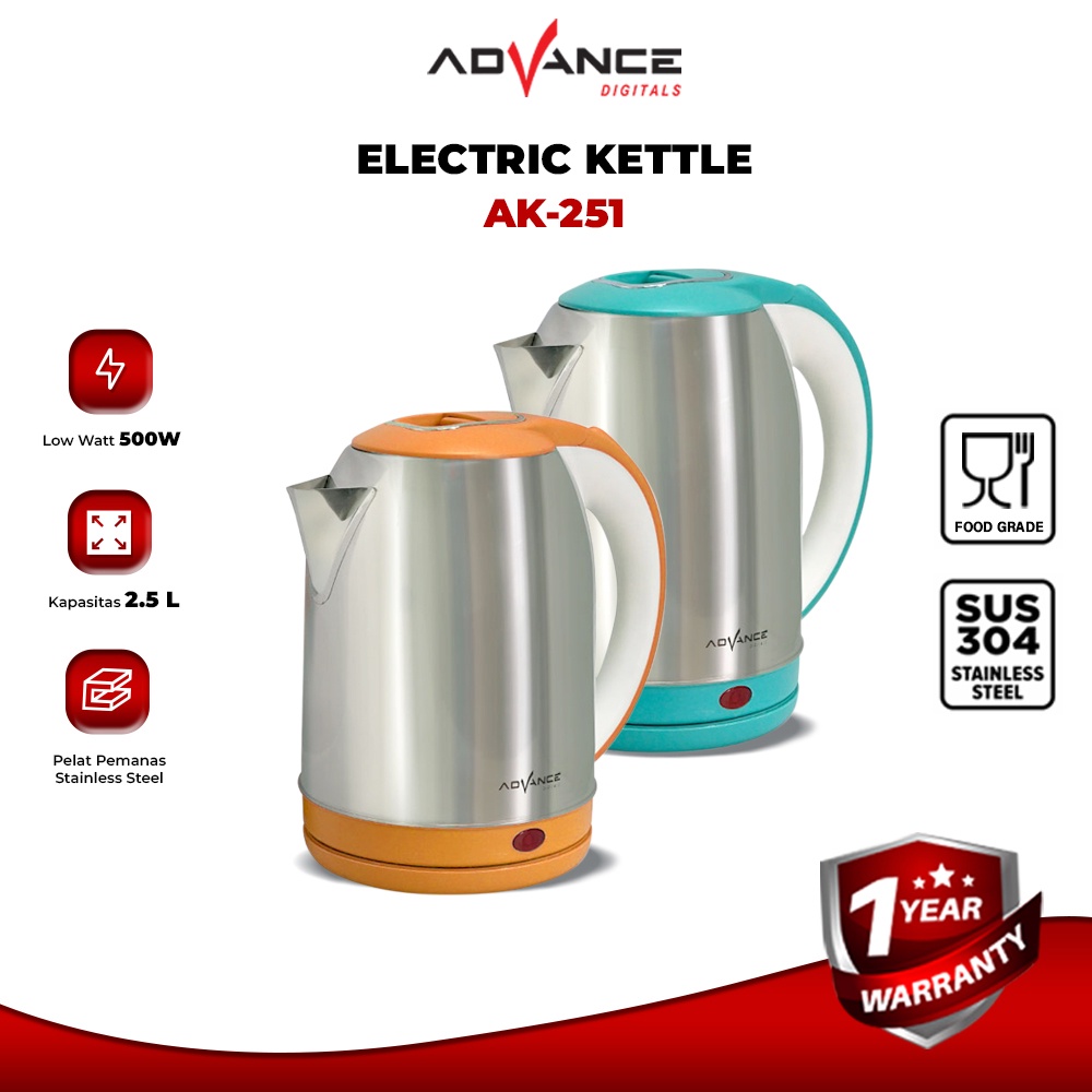 Teko Listrik Electric Kettle Advance AK-251 Kapasitas 2.5 Liter Stainless Steel