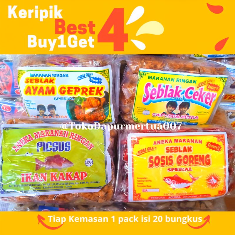 

Paket Makanan Ringan Pedas Gurih 4 Varian Satu Harga Seblak Ceker Seblak Ayam Geprek Keripik Sosis Kripsus