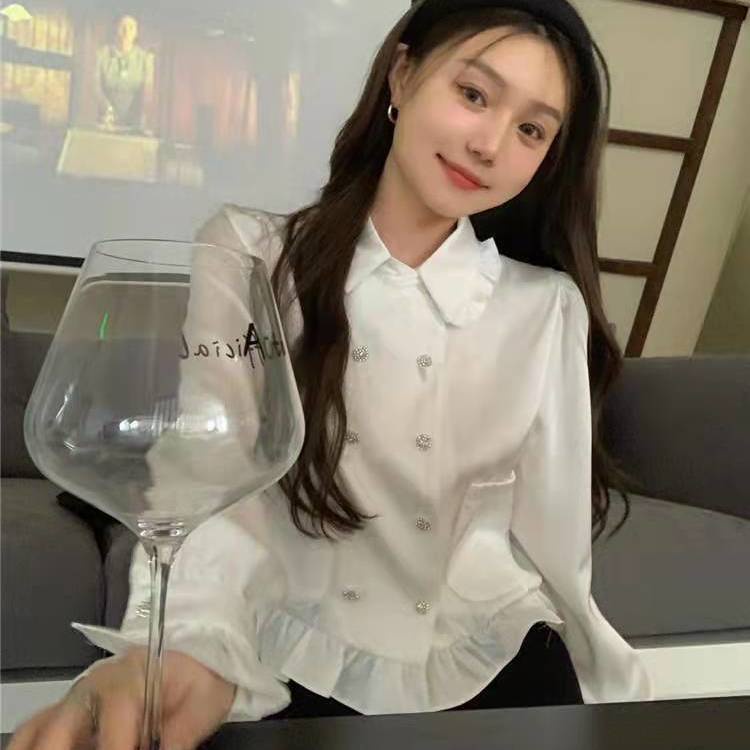 Red 2022 musim semi baru putih mengacak-acak kemeja boneka Perancis kerah pinggang ramping kemeja wanita trendi