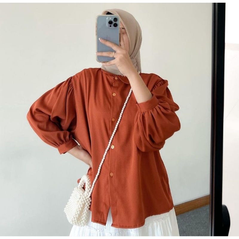 Kemeja Polos Lengan Balon Blouse Elze Atasan Wanita Shakila Twill