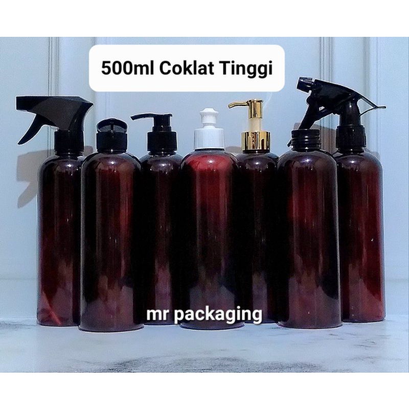 Botol Plastik 500ml TINGGI COKLAT  isi ulang | Botol PET 500 ml reffil | botol pump spray fliptop presstop kerucut tarik pamp sprey flipon tinta trigger triger | Botol kosmetik serum skincare| wadah isi ulang skin care sabun shampo