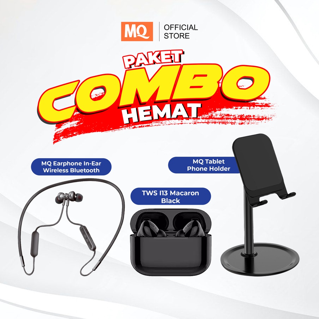 MQ Paket Combo Hemat 3in1 Earphone Wireless I13 TWS Neckband Sport In-Ear Phone Holder Cell Desk Multi angle