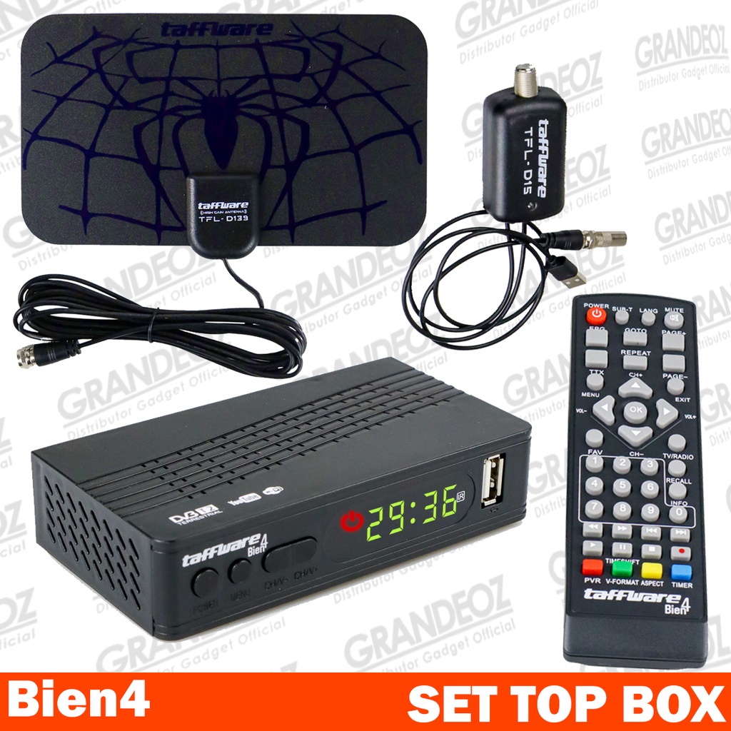 ORIGINAL PAKET Set Top Box Bien4 T2 + Antena Digital D139 STB Satellite TV Tuner Box H.264 1080P DVB-T2 Taffware Anten Untuk TV Analog HDMI FullHD Youtube Wifi MT7601 Dongle Bukan Modi MATRIX Evercoss Mixio Nagoya Polytron Tanaka Luby