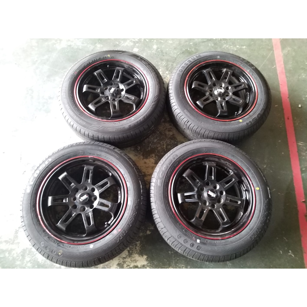 Velg Bekas Mobil DAIMON HSR R15 Hole 4X100-114,3 BLACK + Ban Forecum DUNLOP 185 65 R15 Untuk Moobil 